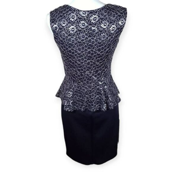 EN FOCUS NAVY AND SILVER LACE PEPLUM DRESS SZ.4 EUC. - Picture 5 of 7